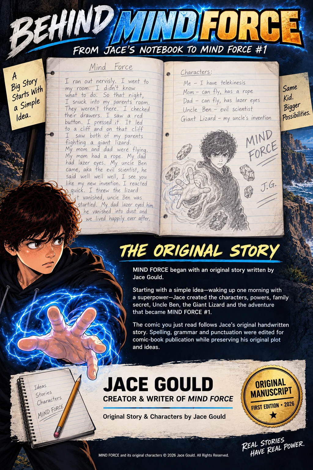 Behind Mind Force: Jace’s original handwritten story alongside the finished comic artwork