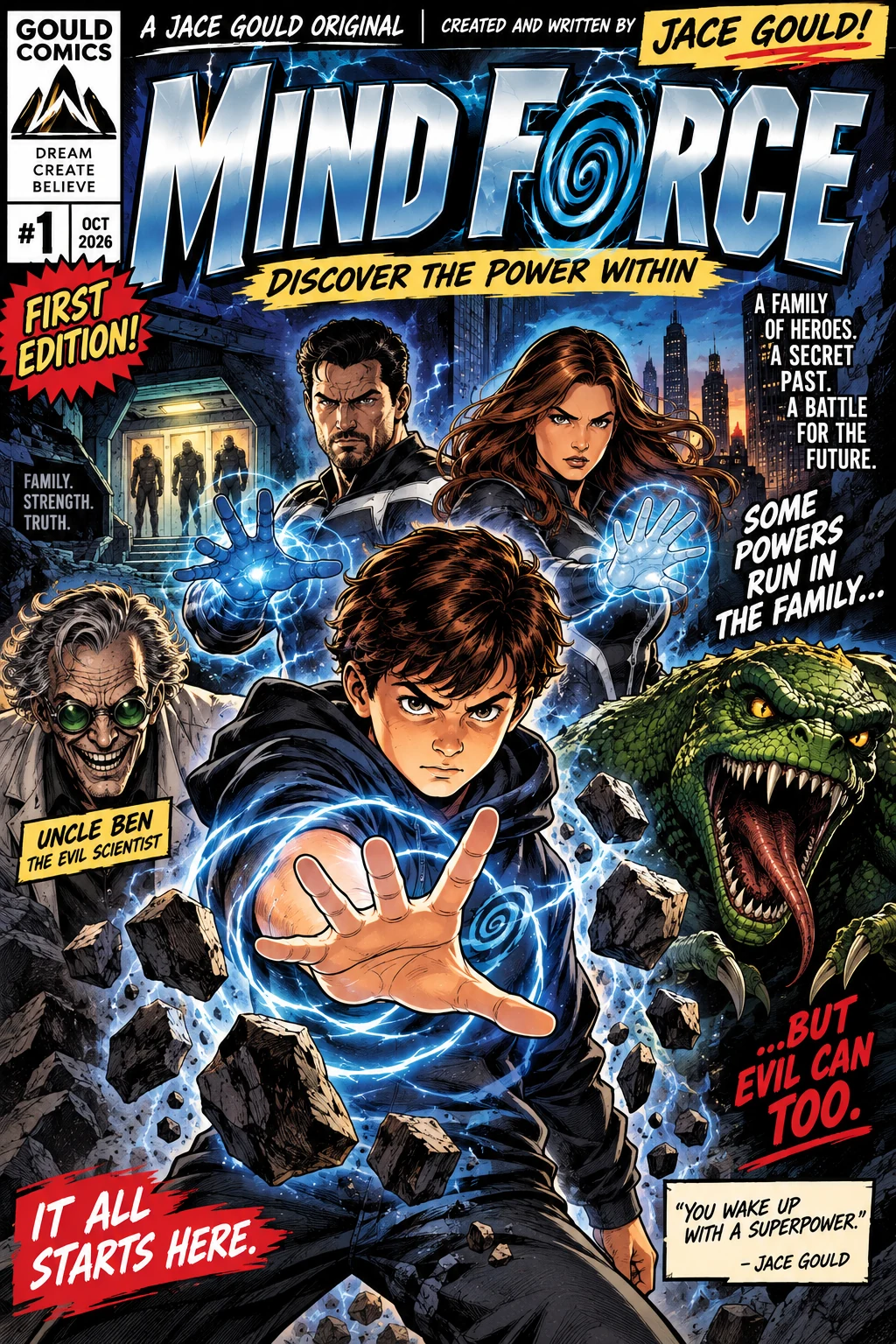 Mind Force Issue 1 cover featuring a young hero, his family, Uncle Ben and a giant lizard