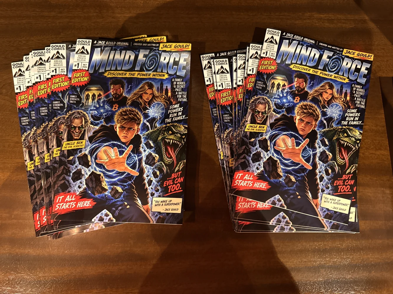 Printed copies of Mind Force Issue 1 laid out together